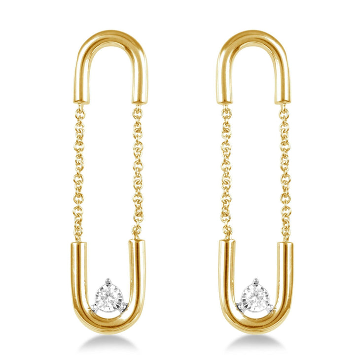 yellow gold paperclip earrings with a chain connecting the top and bottom with a single diamond in each earring 