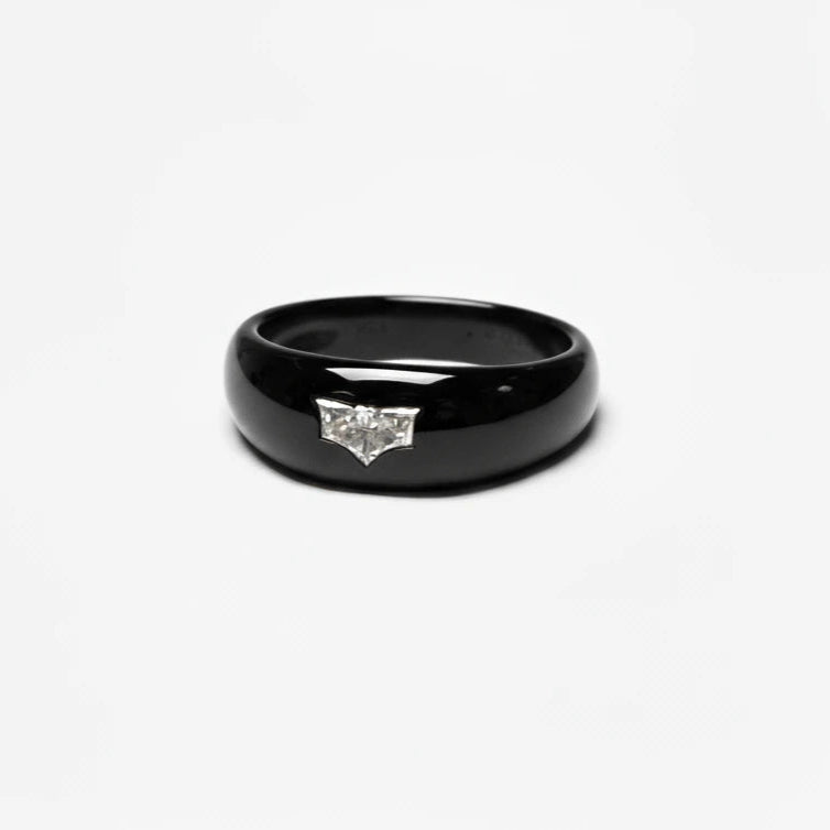 batman shaped diamond set in black gold mens ring