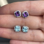 Cushion Cut Amethyst and Diamond Halo Stud Earrings  
