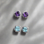 Cushion Cut Blue Topaz and Diamond Halo Stud Earrings  
