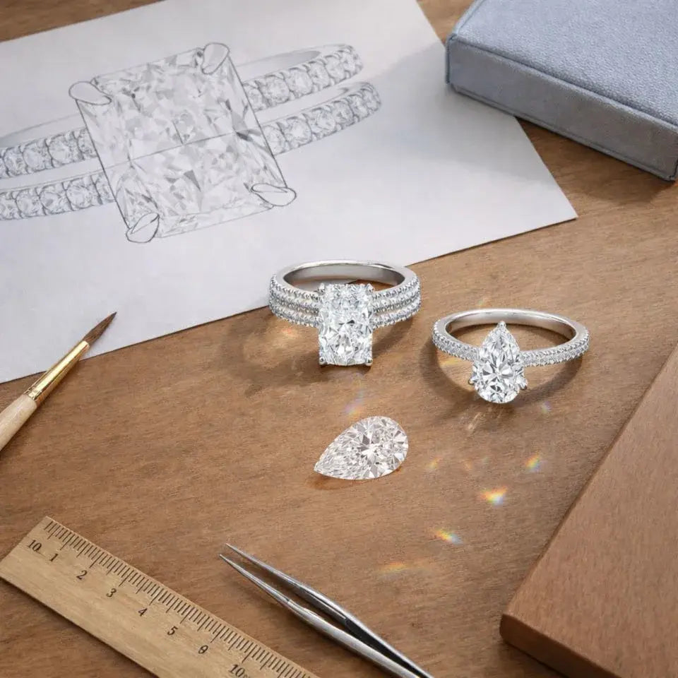 Diamond rings on a wooden surface with a ruler and design sketch.