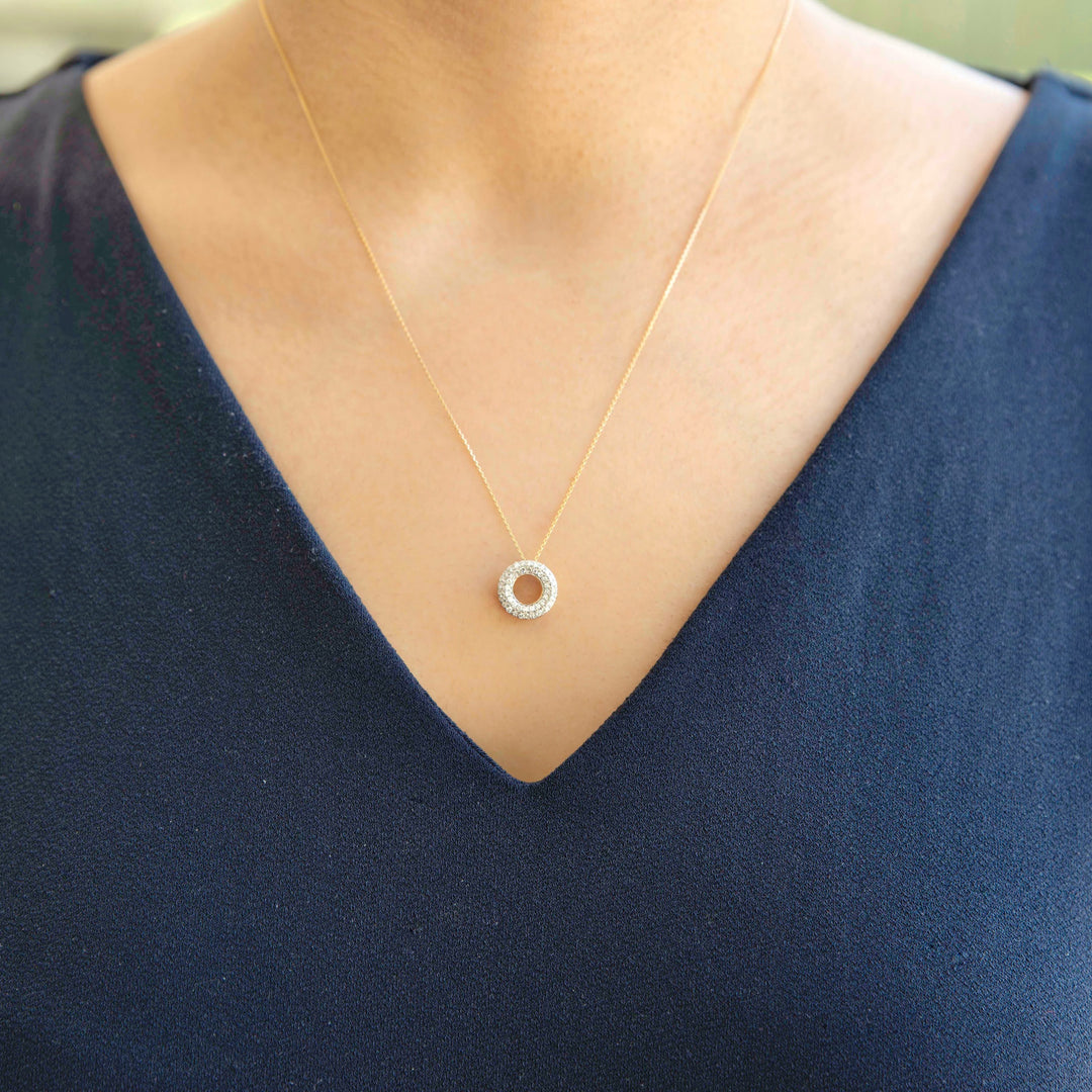 diamond circle pendant in yellow gold with adjustable chain for layering necklace