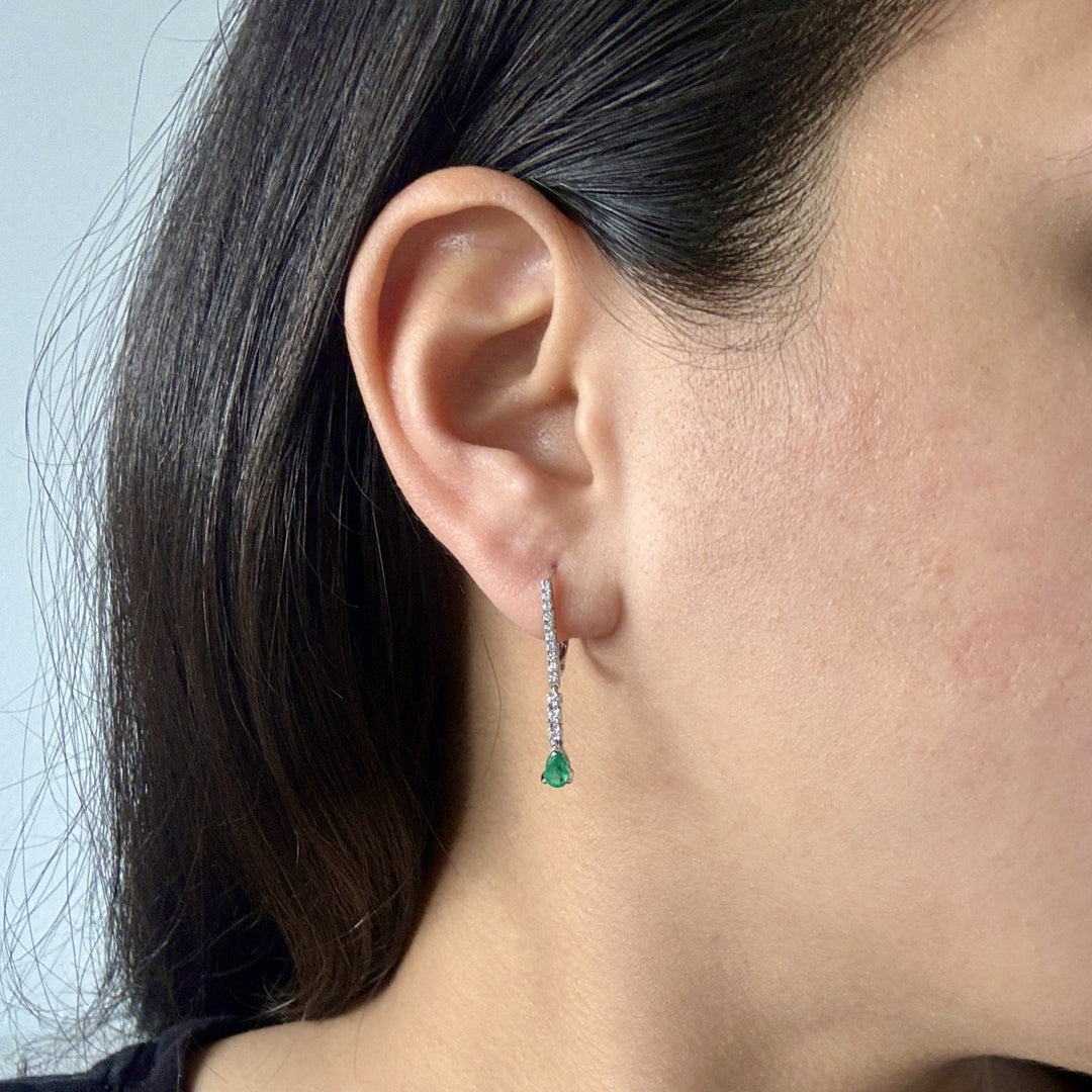 mini pear shaped emerald dangle earrings with diamonds