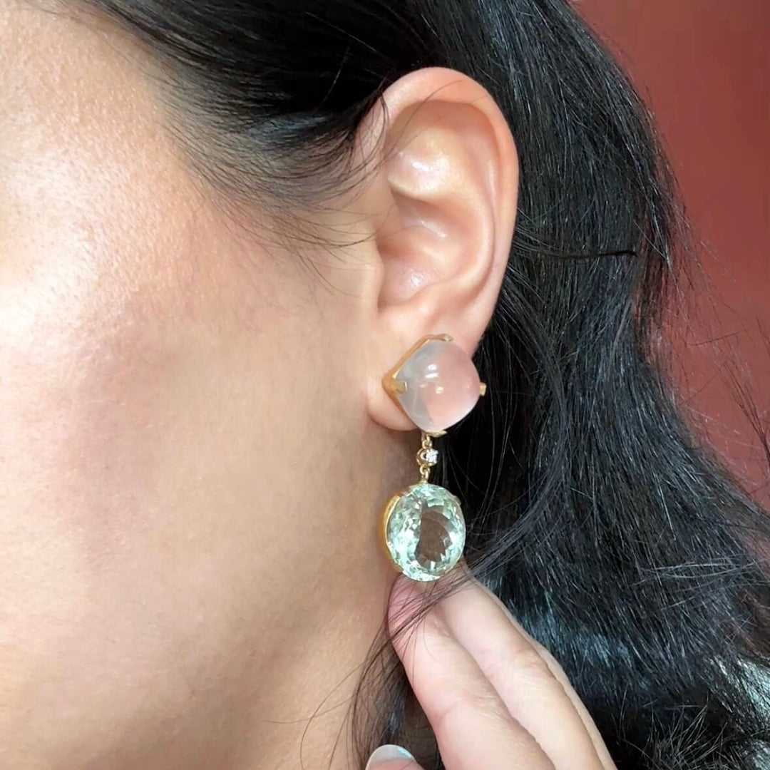 rose quartz and praisolite drop earrings on model with lab grown diamond