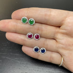 Load image into Gallery viewer, ruby sapphire emerald with diamond halo stud earrings