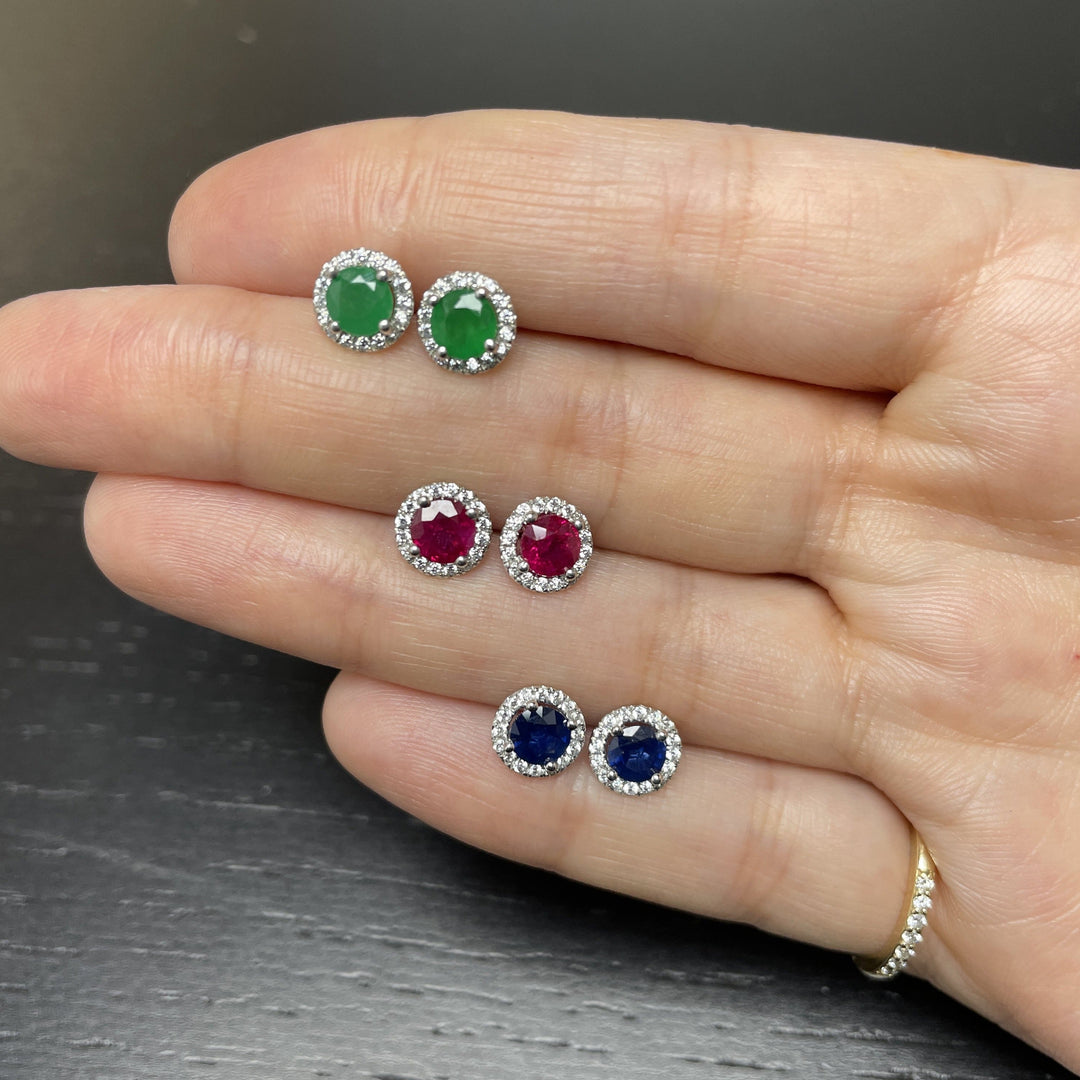 ruby sapphire emerald with diamond halo stud earrings