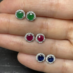 Load image into Gallery viewer, ruby sapphire emerald with diamond halo stud earrings