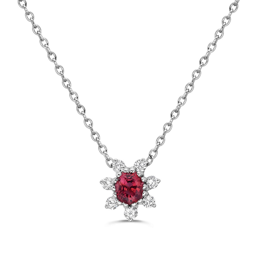 raspberry spinel and diamond pendant in 18k white gold on model