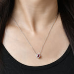 Load image into Gallery viewer, raspberry spinel and diamond pendant in 18k white gold on model
