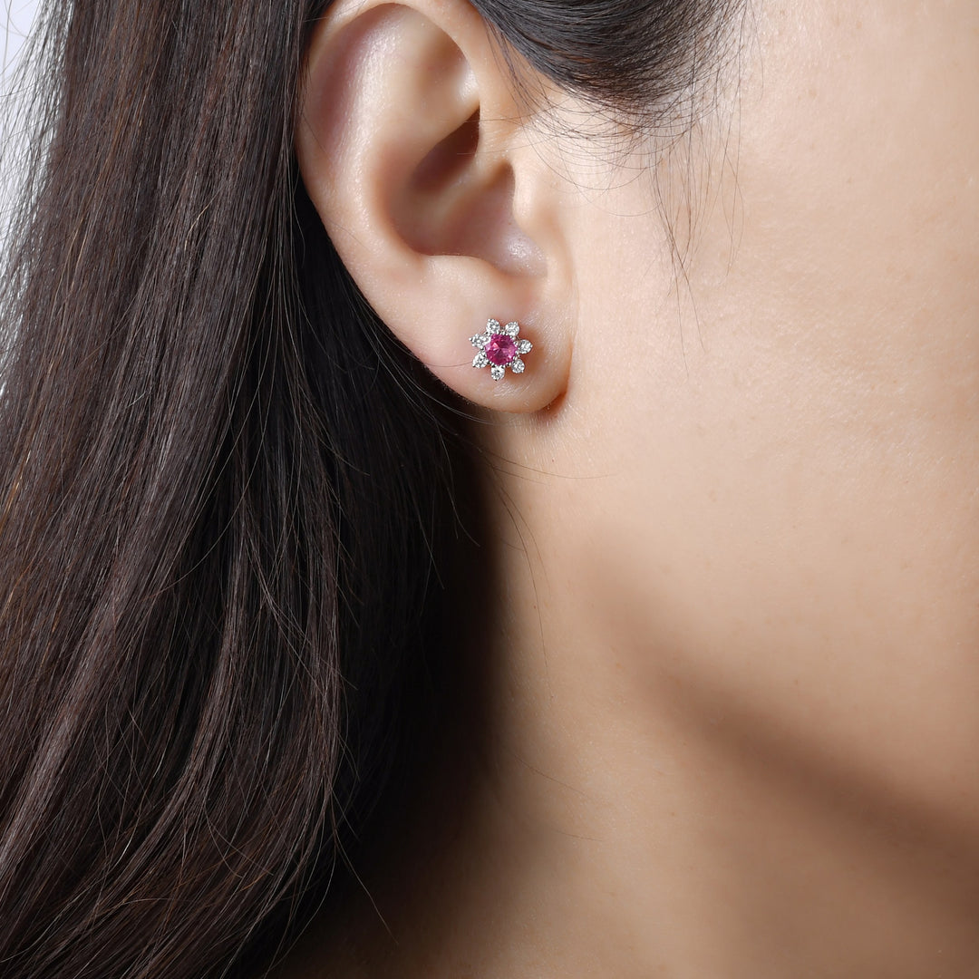 spinel and diamond stud earrings in 18k white gold on model