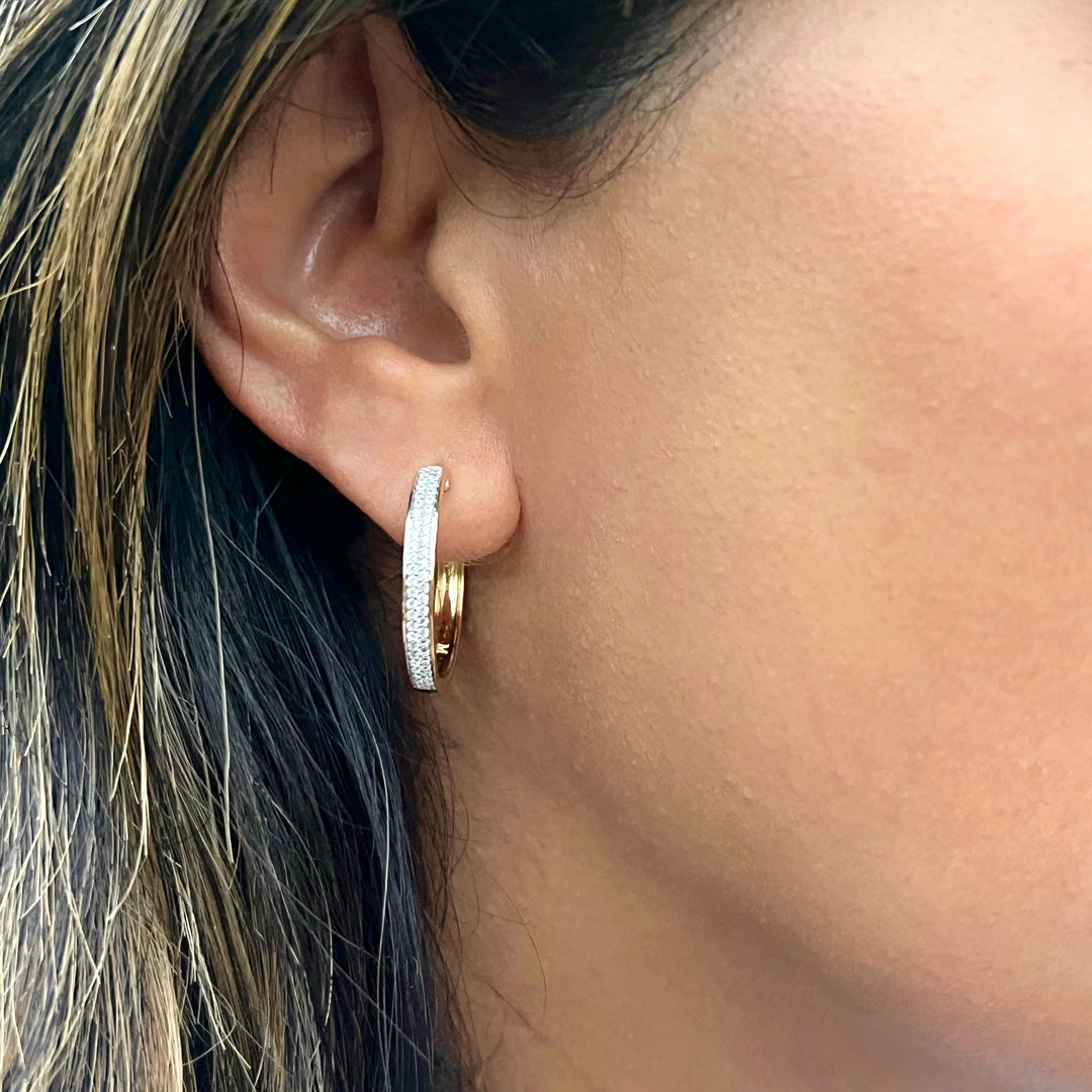 diamond and gold hoop earrings in 14k gold on model