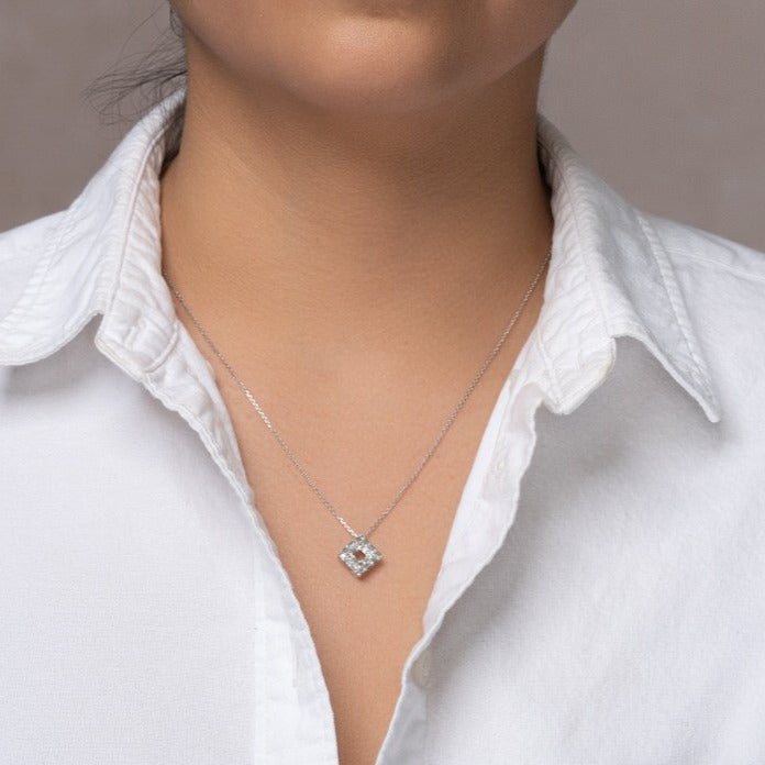 unique jewelry, unique pendant, unique necklace with only baguette diamonds and a cable chain that is 18in that is adjustable to 16in. White gold baguette diamond necklace, layering necklace. Square necklace, square pendant, geo art jewelry, geo art necklace