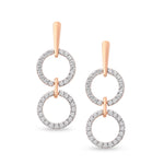 Load image into Gallery viewer, unique jewelry, unique earrings, fashion jewelry, fashion earrings, diamond earrings in rose gold, dangling earrings, dangling diamond earrings, drop earrings, diamond drop earrings, two circle shaped motifs hanging vertically connected in the middle by gold bar. Another gladiator like bar connects motifs to the post.