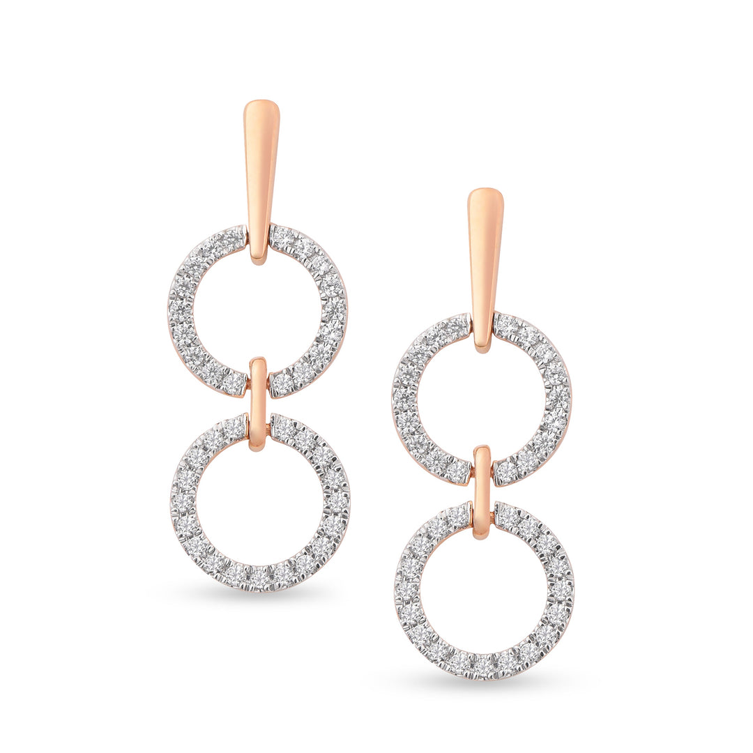 unique jewelry, unique earrings, fashion jewelry, fashion earrings, diamond earrings in rose gold, dangling earrings, dangling diamond earrings, drop earrings, diamond drop earrings, two circle shaped motifs hanging vertically connected in the middle by gold bar. Another gladiator like bar connects motifs to the post.