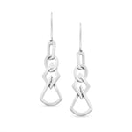 Load image into Gallery viewer, unique jewelry, unique earrings, fashion jewelry, fashion earrings, drop earrings in white gold, dangling earrings, dangling drop earrings with a design of geometric shapes intertwined with each other.