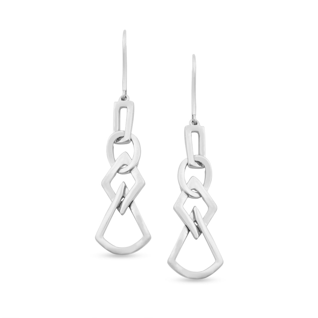 unique jewelry, unique earrings, fashion jewelry, fashion earrings, drop earrings in white gold, dangling earrings, dangling drop earrings with a design of geometric shapes intertwined with each other.