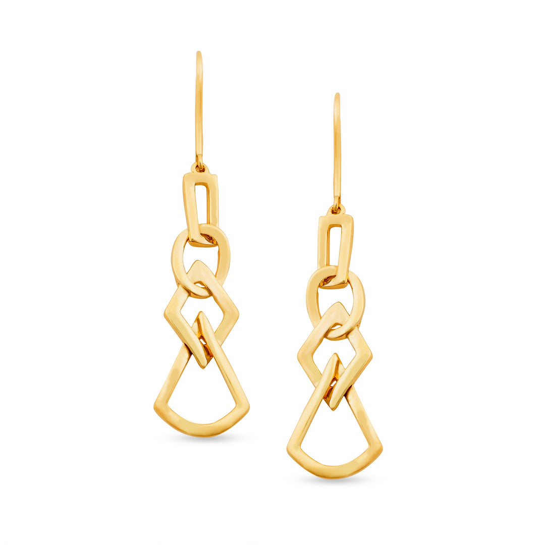 unique jewelry, unique earrings, fashion jewelry, fashion earrings, drop earrings in yellow gold, dangling earrings, dangling drop earrings with a design of geometric shapes intertwined with each other. Earrings have a fishhook back.