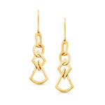 unique jewelry, unique earrings, fashion jewelry, fashion earrings, drop earrings in yellow gold, dangling earrings, dangling drop earrings with a design of geometric shapes intertwined with each other. Earrings have a fishhook back.