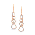 Load image into Gallery viewer, unique jewelry, unique earrings, fashion jewelry, fashion earrings, diamond earrings in rose gold, dangling earrings, dangling diamond earrings, drop earrings, diamond drop earrings, dangling drop earring with a design of geometric shapes intertwined with each other. Earrings have a fishhook back.