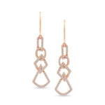 unique jewelry, unique earrings, fashion jewelry, fashion earrings, diamond earrings in rose gold, dangling earrings, dangling diamond earrings, drop earrings, diamond drop earrings, dangling drop earring with a design of geometric shapes intertwined with each other. Earrings have a fishhook back.