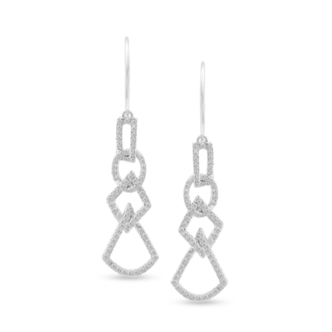 unique jewelry, unique earrings, fashion jewelry, fashion earrings, diamond earrings in white gold, dangling earrings, dangling diamond earrings, drop earrings, diamond drop earrings, dangling drop earring with a design of geometric shapes intertwined with each other. Earrings have a fishhook back.