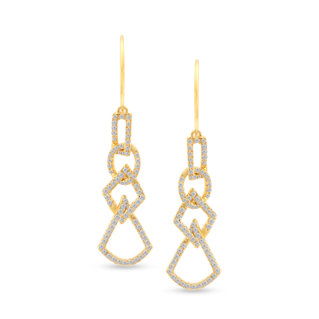 unique jewelry, unique earrings, fashion jewelry, fashion earrings, diamond earrings in yellow gold, dangling earrings, dangling diamond earrings, drop earrings, diamond drop earrings, dangling drop earring with a design of geometric shapes intertwined with each other. Earrings have a fishhook back.