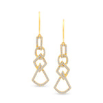 unique jewelry, unique earrings, fashion jewelry, fashion earrings, diamond earrings in yellow gold, dangling earrings, dangling diamond earrings, drop earrings, diamond drop earrings, dangling drop earring with a design of geometric shapes intertwined with each other. Earrings have a fishhook back.