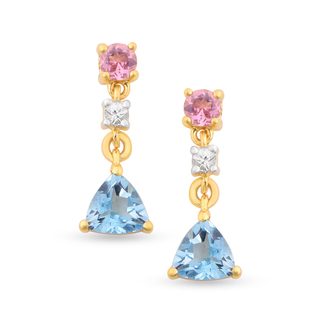 dangling earrings with blue topaz, pink tourmaline, white sapphire in 18k vermeil. Round and trillion shape. Gold plated earrings.