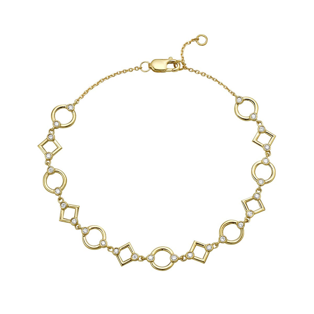 14k yellow gold bracelet with diamonds in bezel in alternating circle and diamond motifs