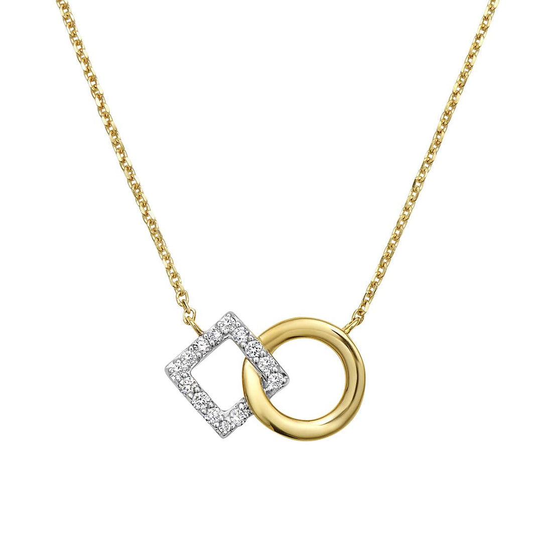 14k yellow gold necklace with diamonds in a connected diamond motif and cirlce motif