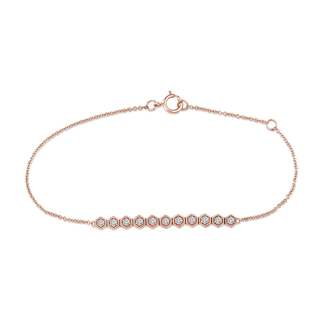 stackable diamond rose gold hexagon design bracelet. It has two links so you can adjust the size. Dainty, minimalist, layering bracelet.