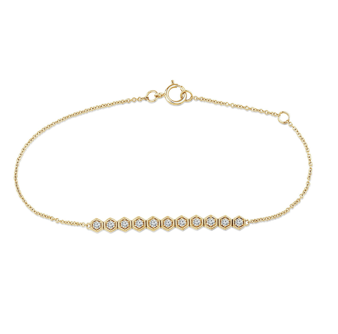 stackable diamond yellow gold hexagon design bracelet. It has two links so you can adjust the size. Dainty, minimalist, layering bracelet.
