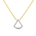 Load image into Gallery viewer, unique jewelry, unique pendant, fashion jewelry, fashion pendant, fashion necklace, diamond pendant in yellow gold, diamond necklace, fan shaped motif necklace with cable chain in 18in adjustable to 16in, layering necklace. Pendant on model.
