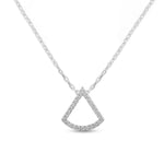 Load image into Gallery viewer, unique jewelry, unique pendant, fashion jewelry, fashion pendant, fashion necklace, diamond pendant in white gold, diamond necklace, fan shaped motif necklace with cable chain in 18in adjustable to 16in, layering necklace. Necklace on model.
