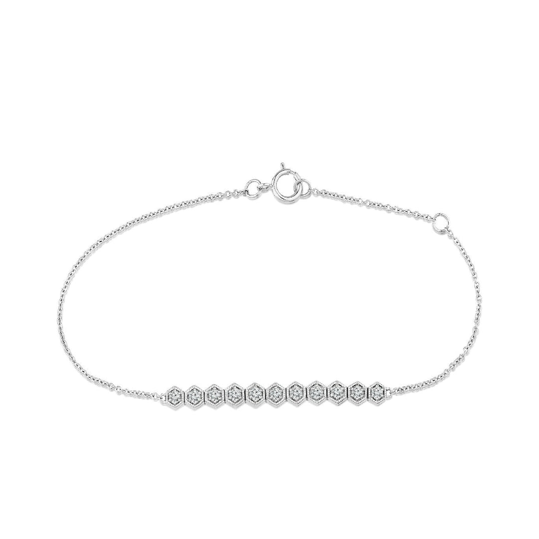 stackable diamond white gold hexagon design bracelet. It has two links so you can adjust the size. Dainty, minimalist, layering bracelet.