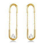 Load image into Gallery viewer, unique jewelry, unique earrings, hanging earrings, dangling earrings, single diamond in the middle of each earring, yellow gold dangling diamond earrings, hanging earrings with chain links, paperclip earrings, safety pin earrings
