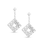 Load image into Gallery viewer, unique jewelry, unique earrings unique dangling earrings with only baguette diamonds and a cable chain that connects to the post. White gold baguette diamond dangling earrings, square earrings, square dangling earrings, geo art jewelry, geo art earrings.