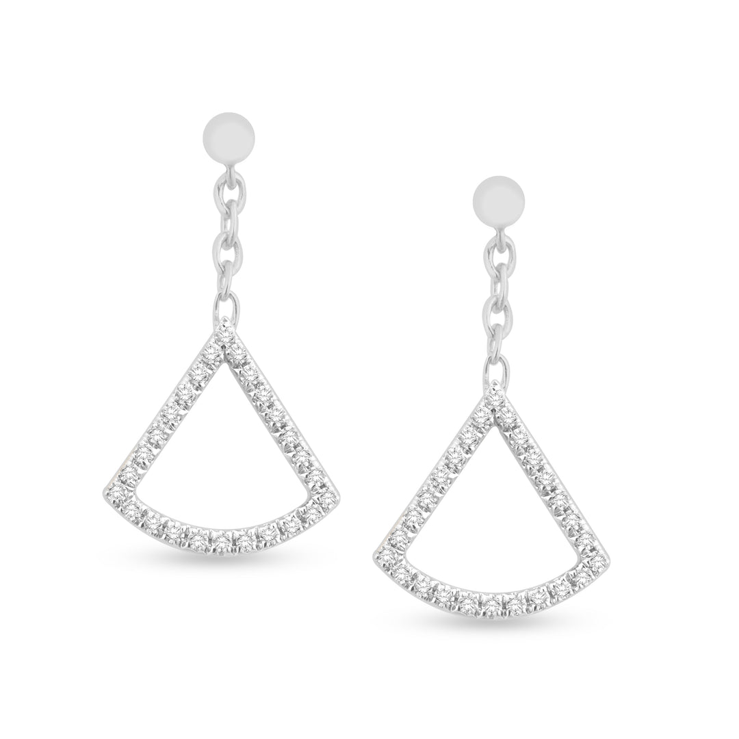 unique jewelry, unique earrings, fashion jewelry, fashion earrings, diamond earrings in white gold, dangling earrings, dangling diamond earrings, drop earrings, diamond drop earrings, fan shaped motif connected to cable chain that creates the dangle. Earrings on model.