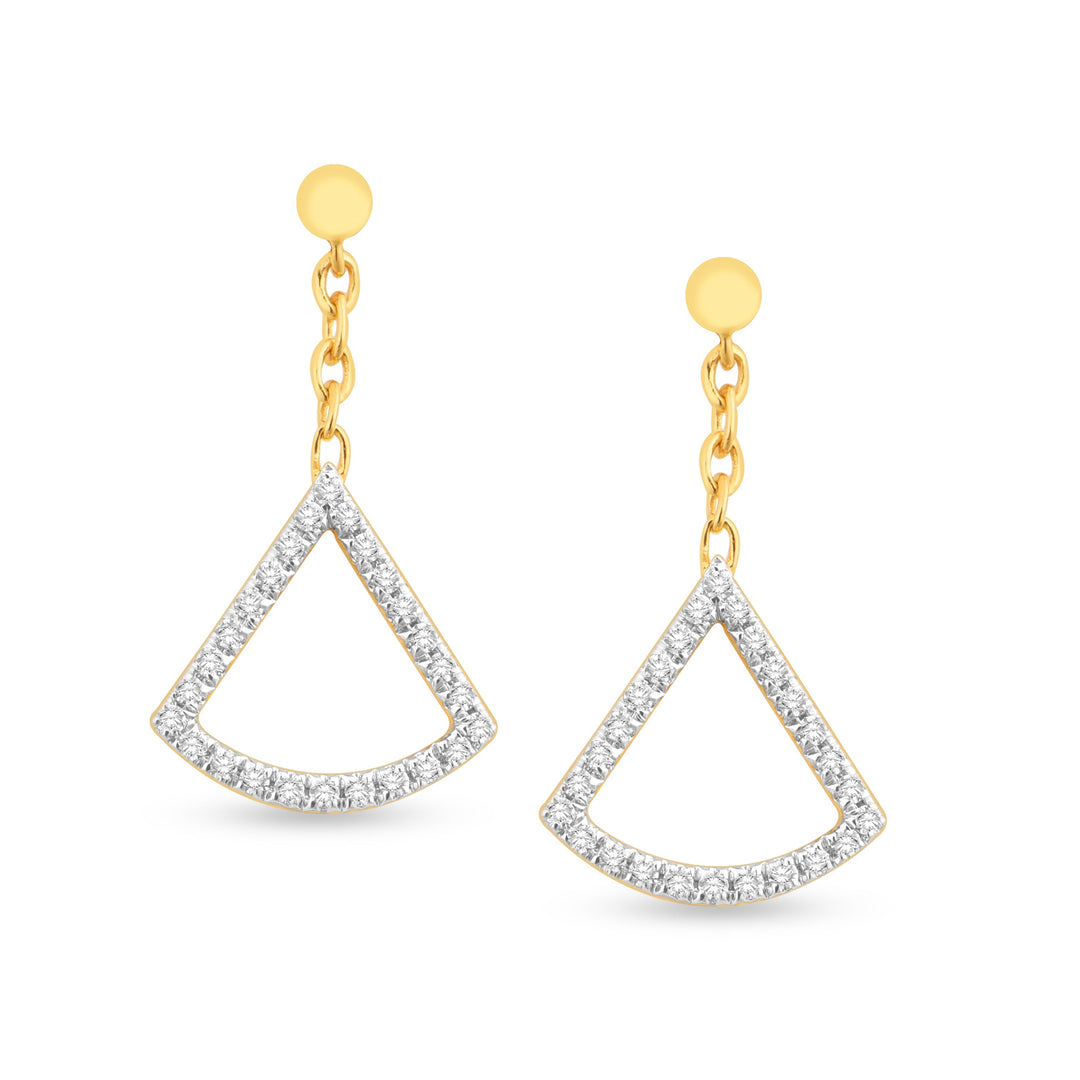 unique jewelry, unique earrings, fashion jewelry, fashion earrings, diamond earrings in yellow gold, dangling earrings, dangling diamond earrings, drop earrings, diamond drop earrings, fan shaped motif connected to cable chain that creates the dangle.. Earrings on model.