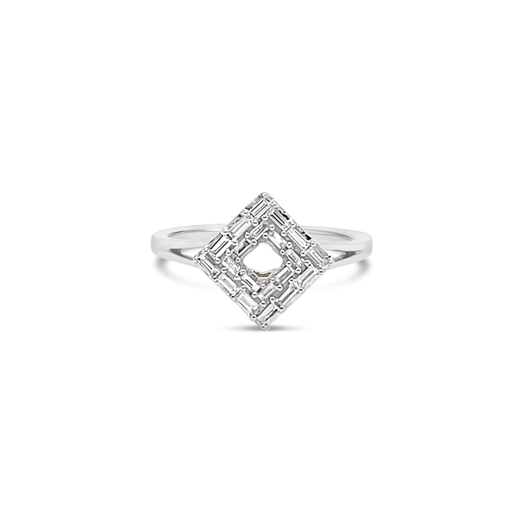 unique jewelry, unique ring, with only baguette diamonds and a negative space in the midldle of the ring. white gold baguette diamond ring, fashion jewelry, fashion ring, Square ring, geo art jewelry, geo art ring.