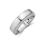 Load image into Gallery viewer, mens diamond band ring in 14k white gold. The diamonds are on the edge of the ring going half way around
