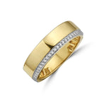 Load image into Gallery viewer, mens diamond band ring in 14k yellow gold. The diamonds are on the edge of the ring going half way around
