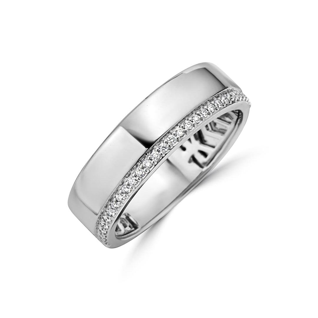 mens diamond band ring in 14k white gold. The diamonds are on the edge of the ring going half way around