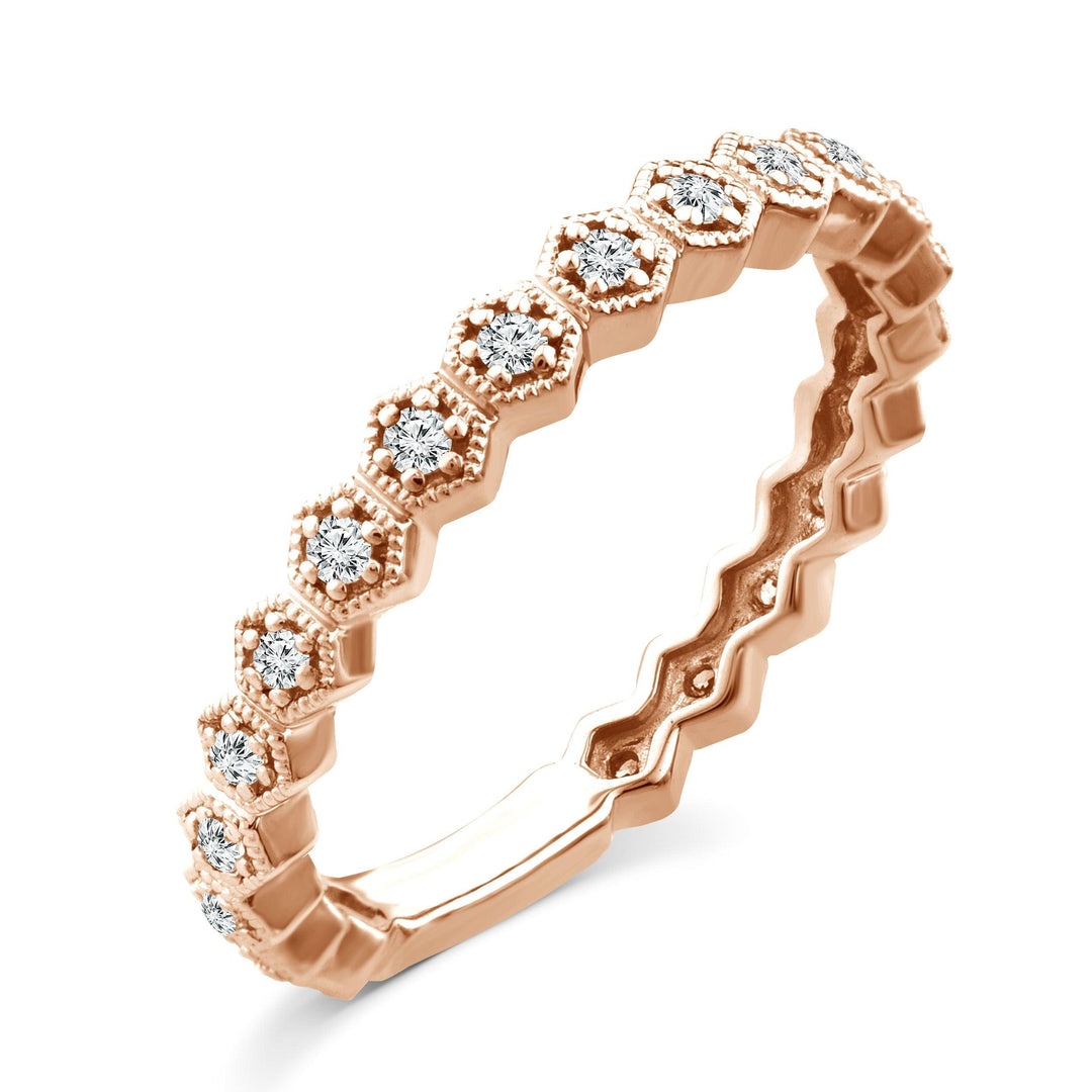 stackable diamond rose gold hexagon design band ring. Dainty and minimalist everyday ring. Can be worn as a fashion ring or a unique wedding band.