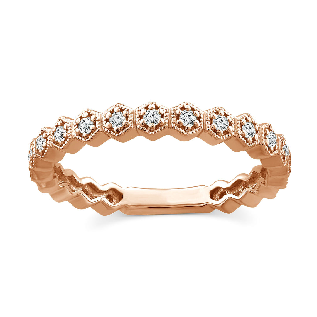 stackable diamond rose gold hexagon design band ring. Dainty and minimalist everyday ring. Can be worn as a fashion ring or a unique wedding band.