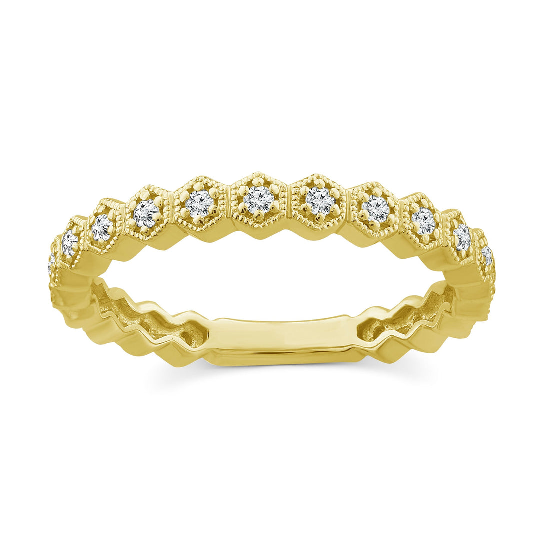 stackable diamond yellow gold hexagon design band ring. Dainty and minimalist everyday ring. Can be worn as a fashion ring or a unique wedding band.