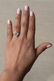 unique jewelry, unique ring, with only baguette diamonds and a negative space in the midldle of the ring. Yellow gold baguette diamond ring, fashion jewelry, fashion ring, Square ring, geo art jewelry, geo art ring. Ring on Model.