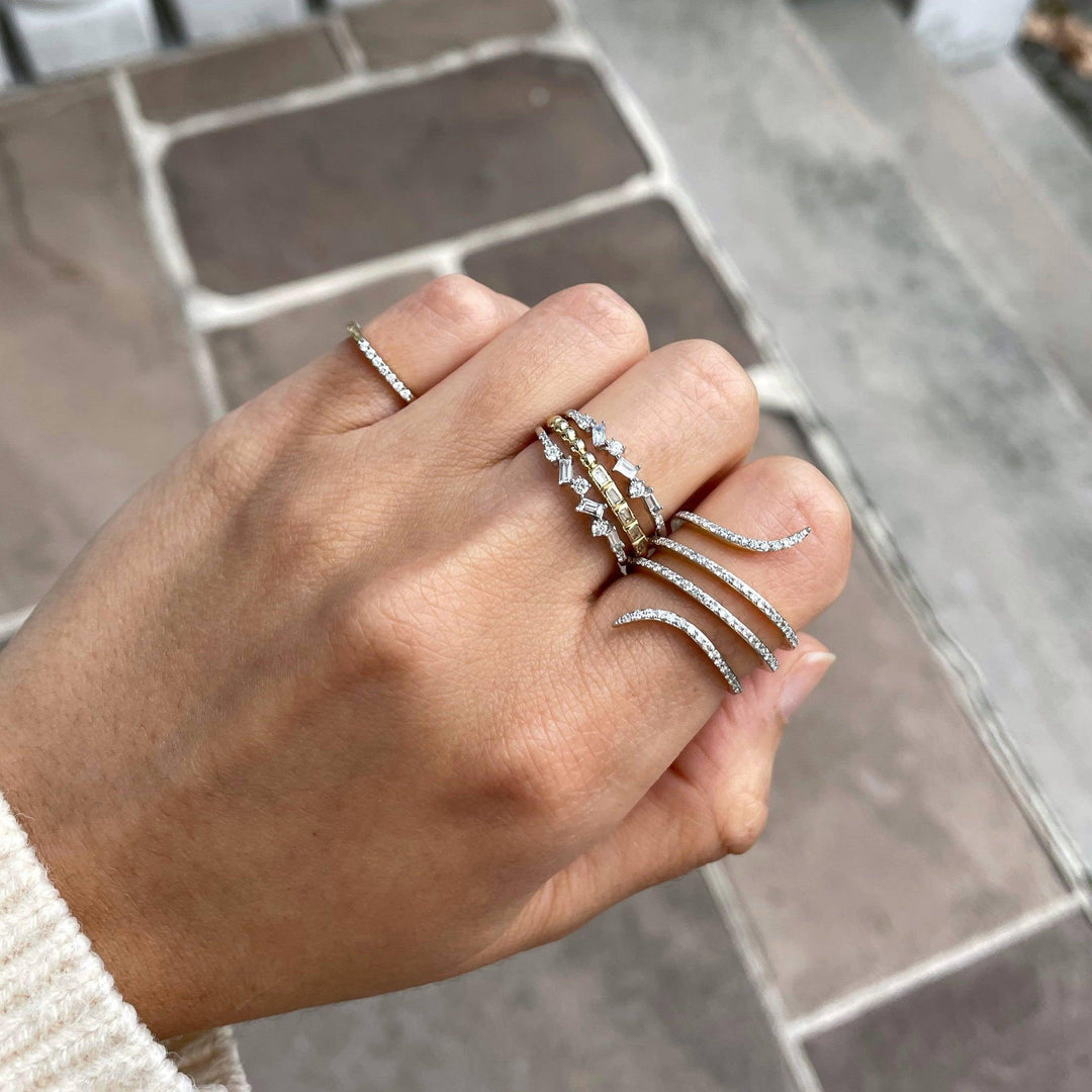 stackable dainty diamond rings, pinky ring, and cocktail ring in 14k yellow